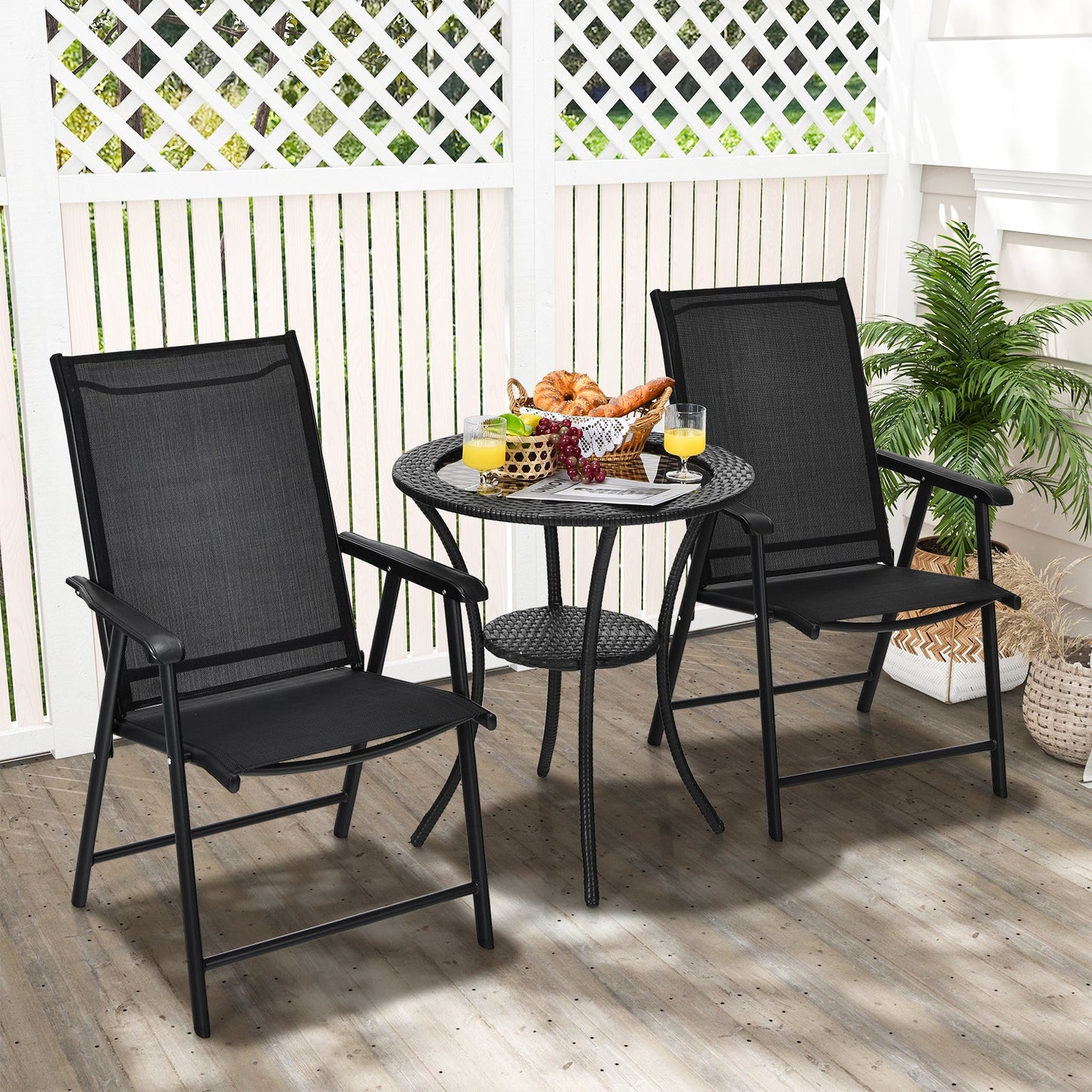 Set of 4 Folding Chairs in Fabric and Metal Garden Chairs-Black