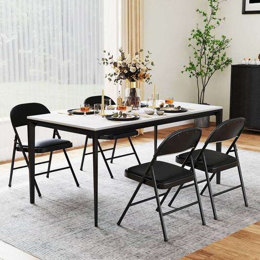 Set of 4 Folding Padded Party PVC Leather Stackable Chairs-Black