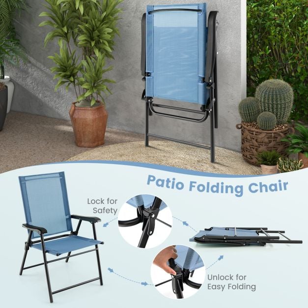 Set of 4 Folding Garden Chairs in Breathable Textilene Camping Chairs with Safety Lock and High Backrest Blue