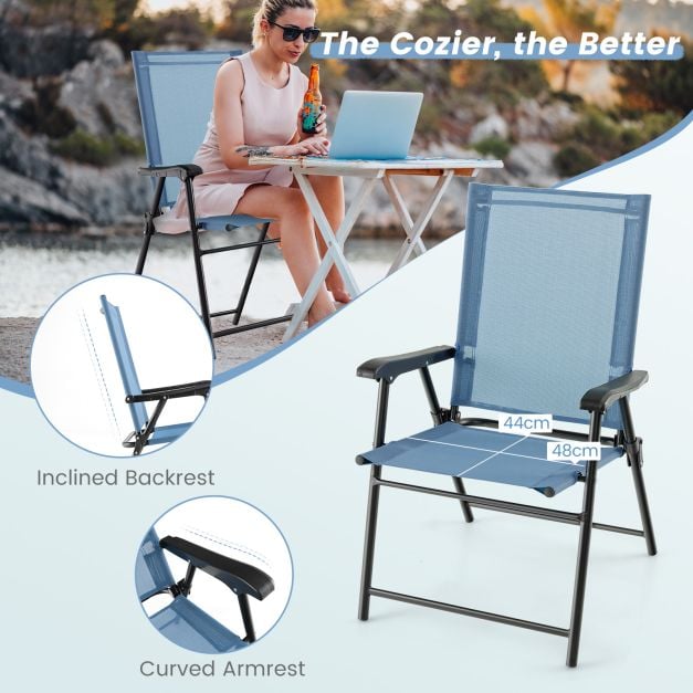 Set of 4 Folding Garden Chairs in Breathable Textilene Camping Chairs with Safety Lock and High Backrest Blue