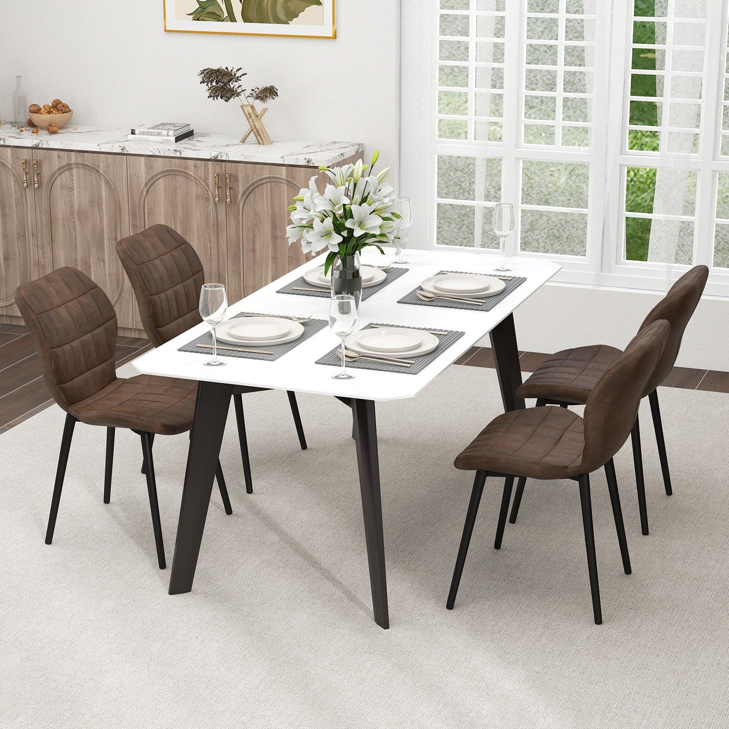 Set of 2 Dining Chairs Retro Kitchen Chairs with Padded Back-Brown-2 Pack