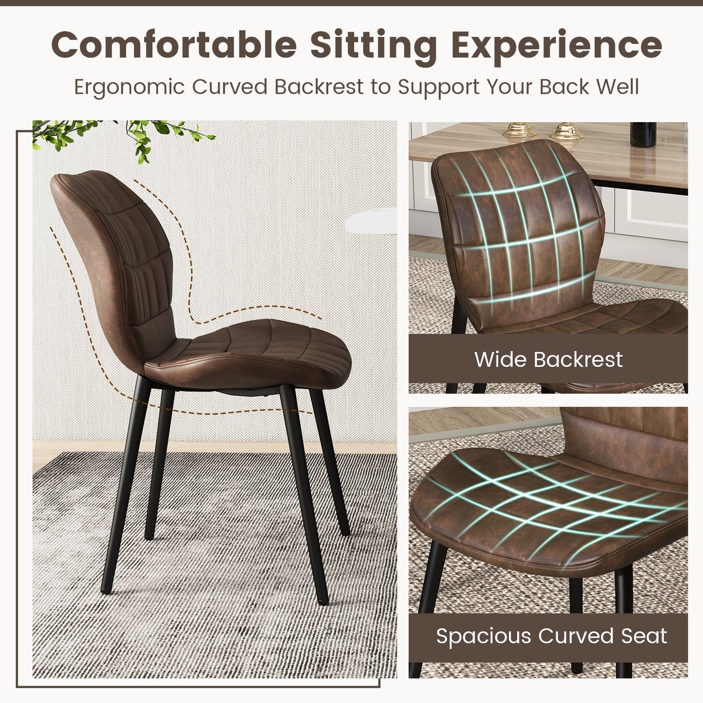 Set of 2 Dining Chairs Retro Kitchen Chairs with Padded Back-Brown-2 Pack