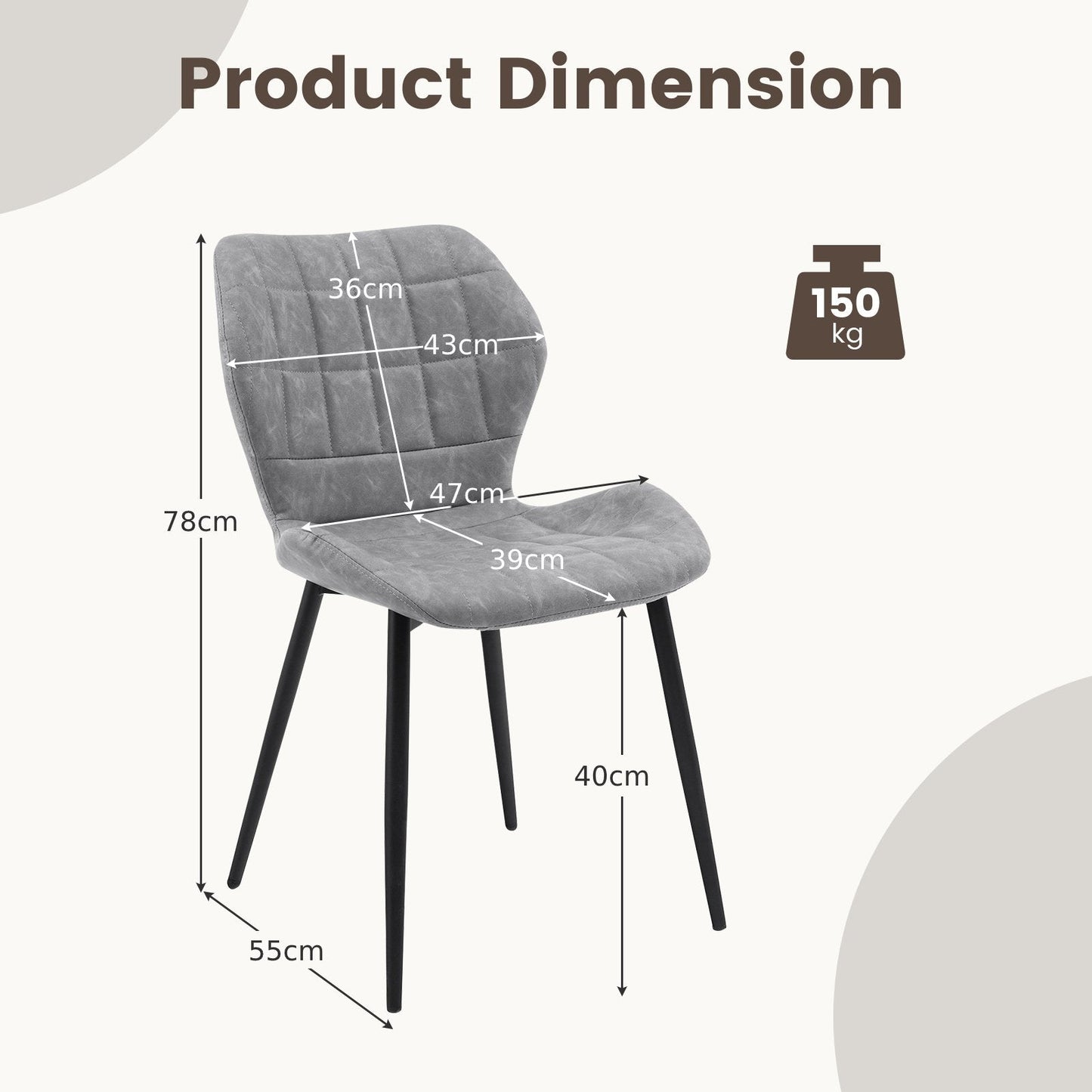 Set of 2 Dining Chairs Retro Kitchen Chairs with Padded Back-Grey-2 Pack