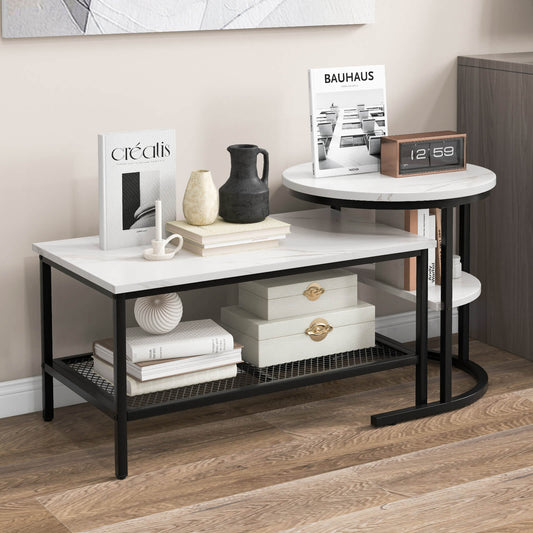 Set of 2 Nesting Coffee Table with Extra Storage Shelf-Black
