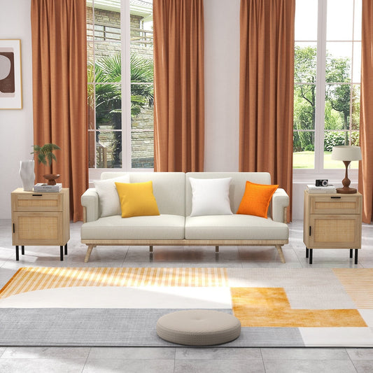 Set of 2 Rattan Nightstand with Drawer and Cabinet and Metal Legs-Natural