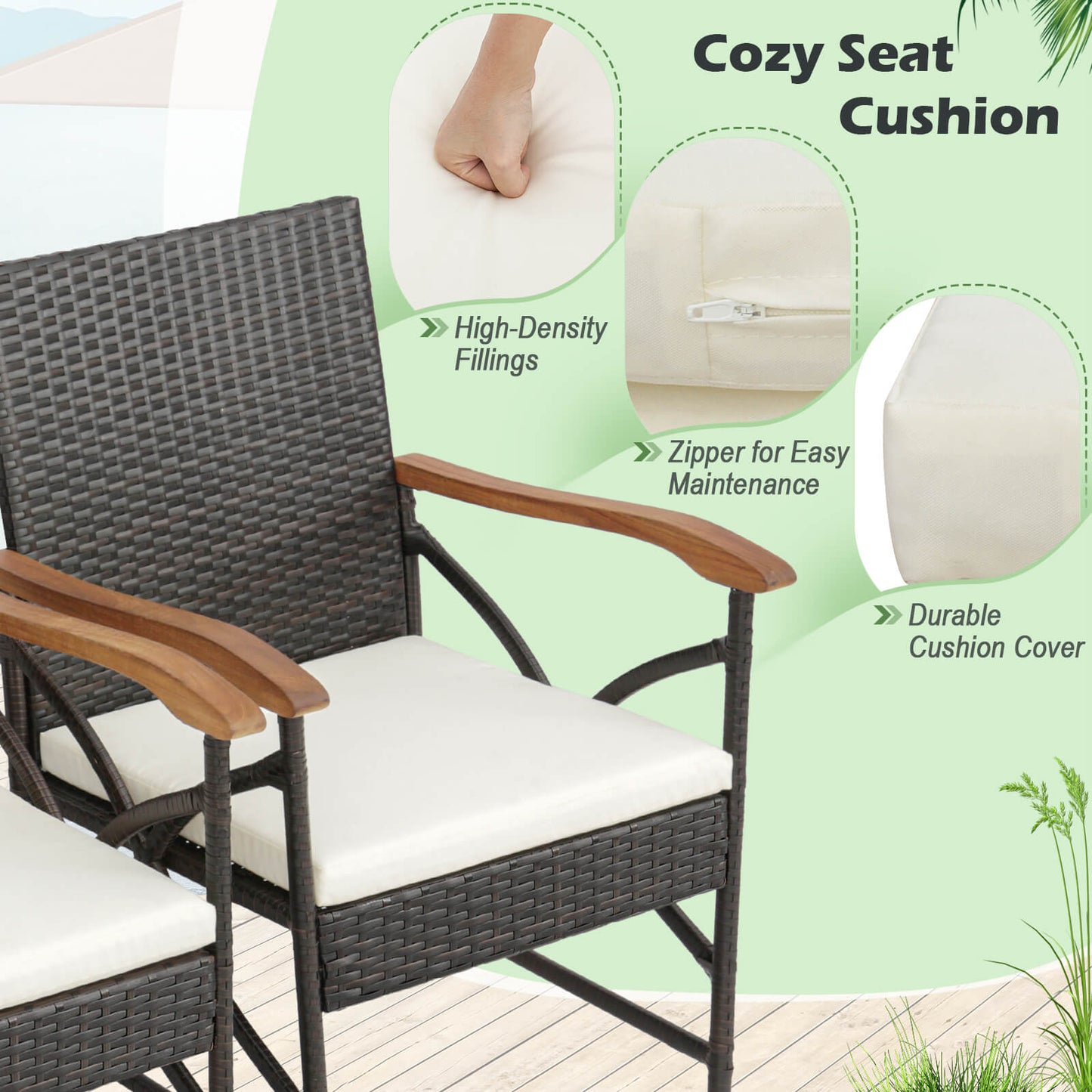 Set of 4 Patio Dining Chairs with All-Weather Wicker and Soft Zippered Cushion