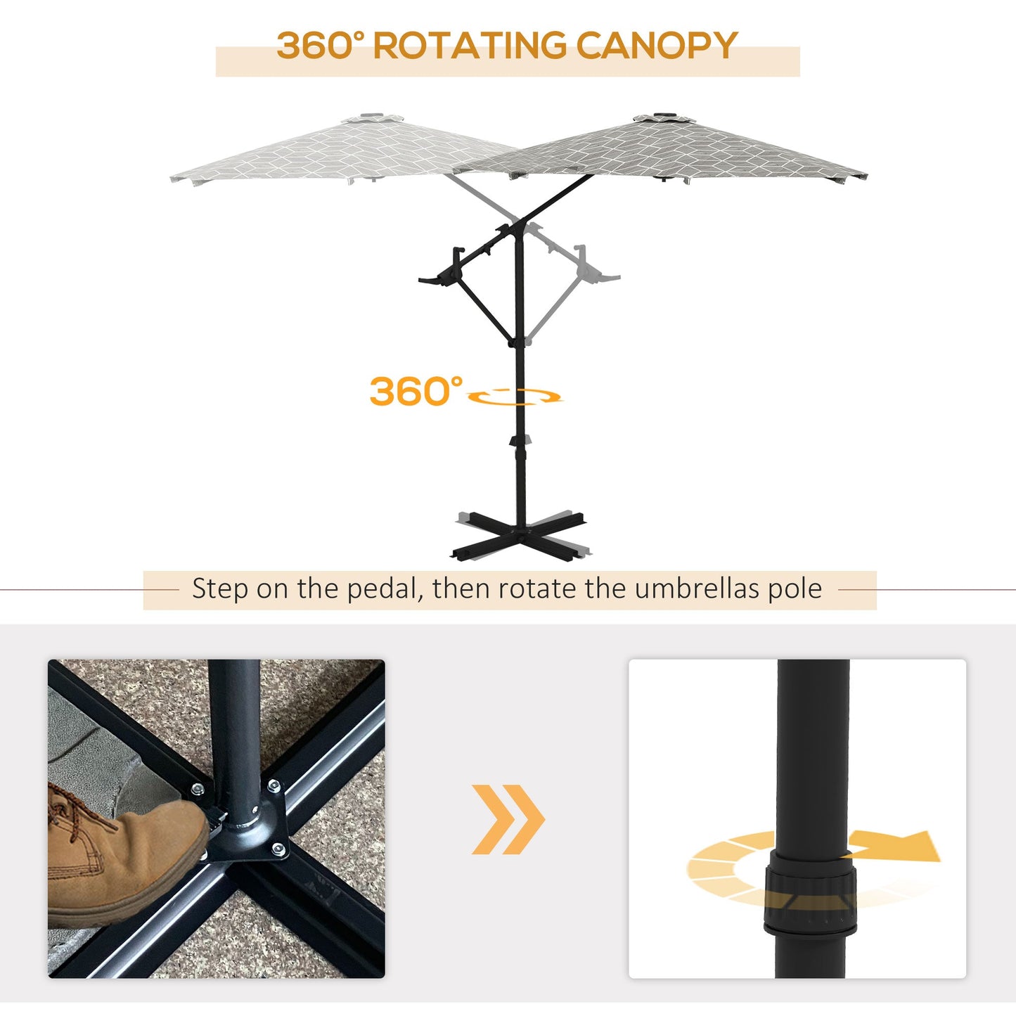 Outsunny 3(m) Convertible Cantilever Parasol and Centre-post Garden Parasol with Cross Base, 360¡ Rotation Banana Parasol with Crank Handle and 8 Ribs, Hanging Patio Umbrella, Black and White