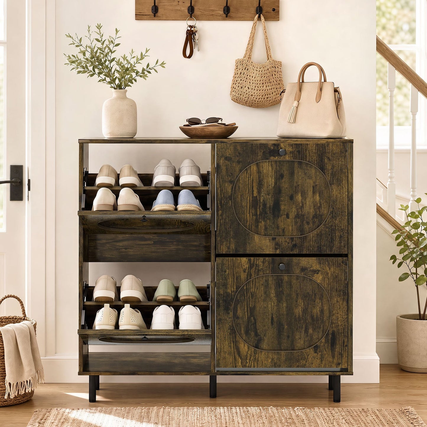 Shoe Storage Cabinet with 4 Flip Drawers for Entryway-Rustic Brown