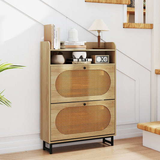 Shoe Cabinet wIth 2 Flip Drawers Freestanding Shoe Organizer Rustic Shoe Storage Cabinet-Natural