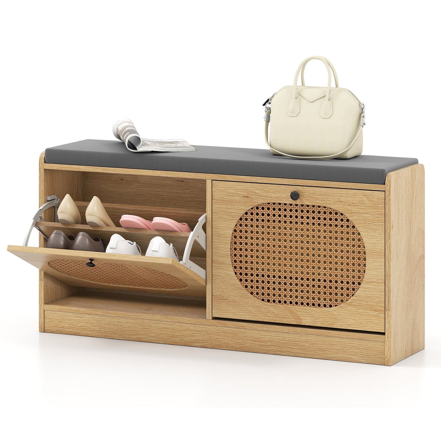 Shoe Storage Bench with 2 Flip-over Doors and Adjustable Shelves-Natural