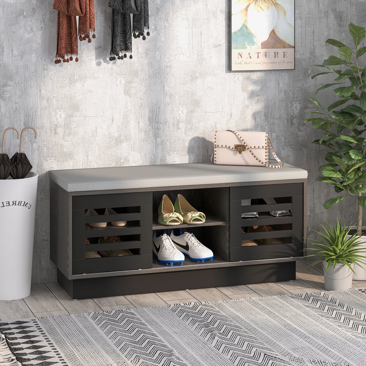 Shoe Bench with 6 Storage Compartments and 3 Adjustable Shelves-Gray