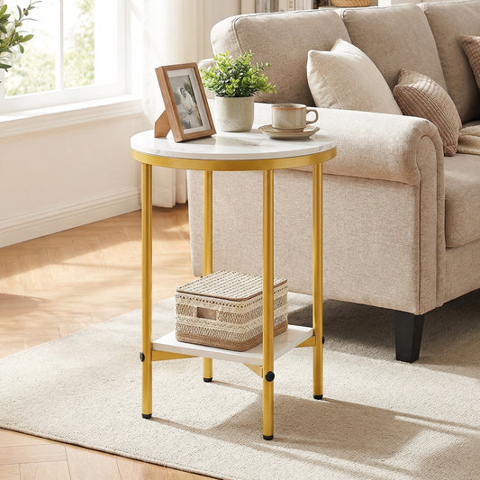 Side Table Modern Round End Table with Faux Marble Top and Bottom Storage Shelf-White