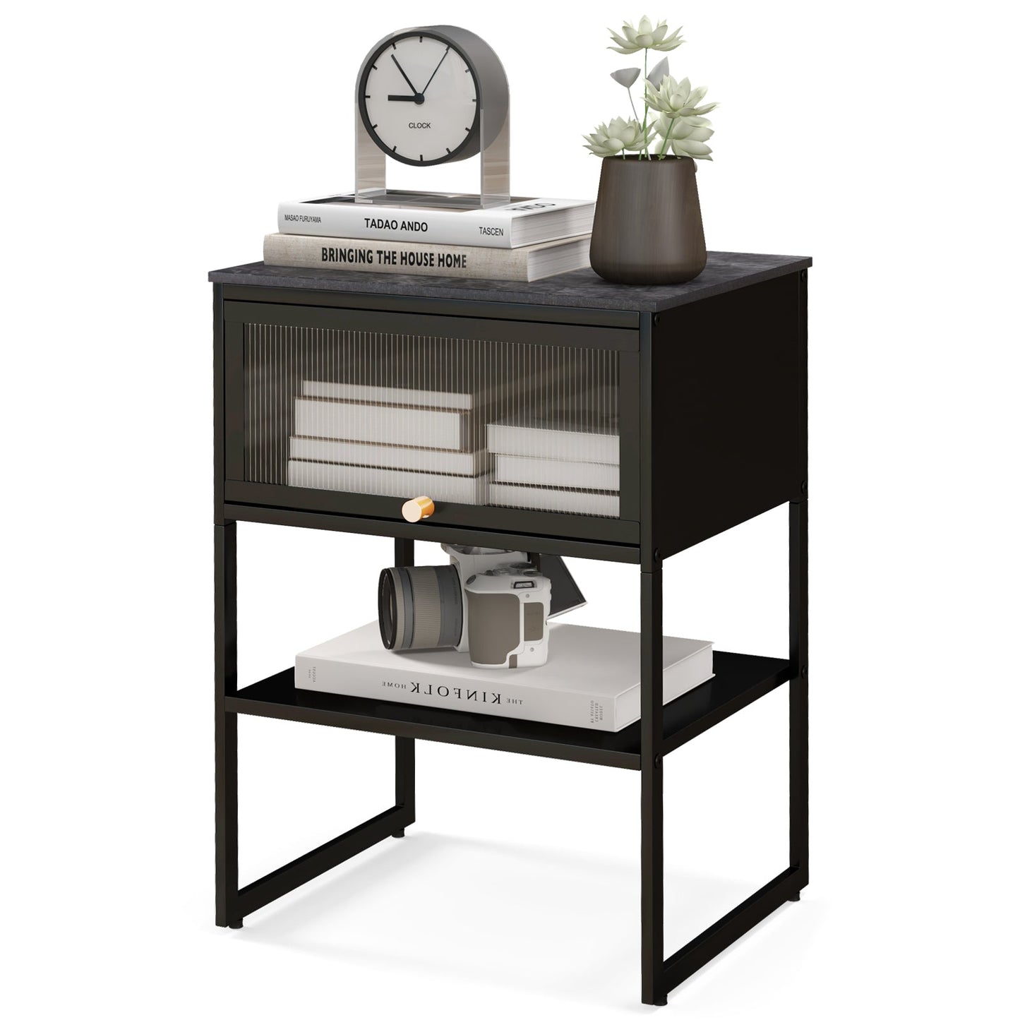 3-Tier Side Table with Storage Shelf for Living Room and Bedroom-Black