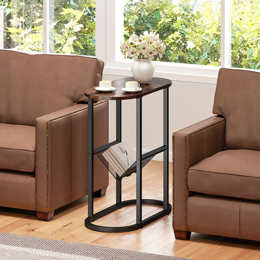 2-Tier Narrow Side Table with Magazine Holder for Living Room Bedroom-Rustic Brown