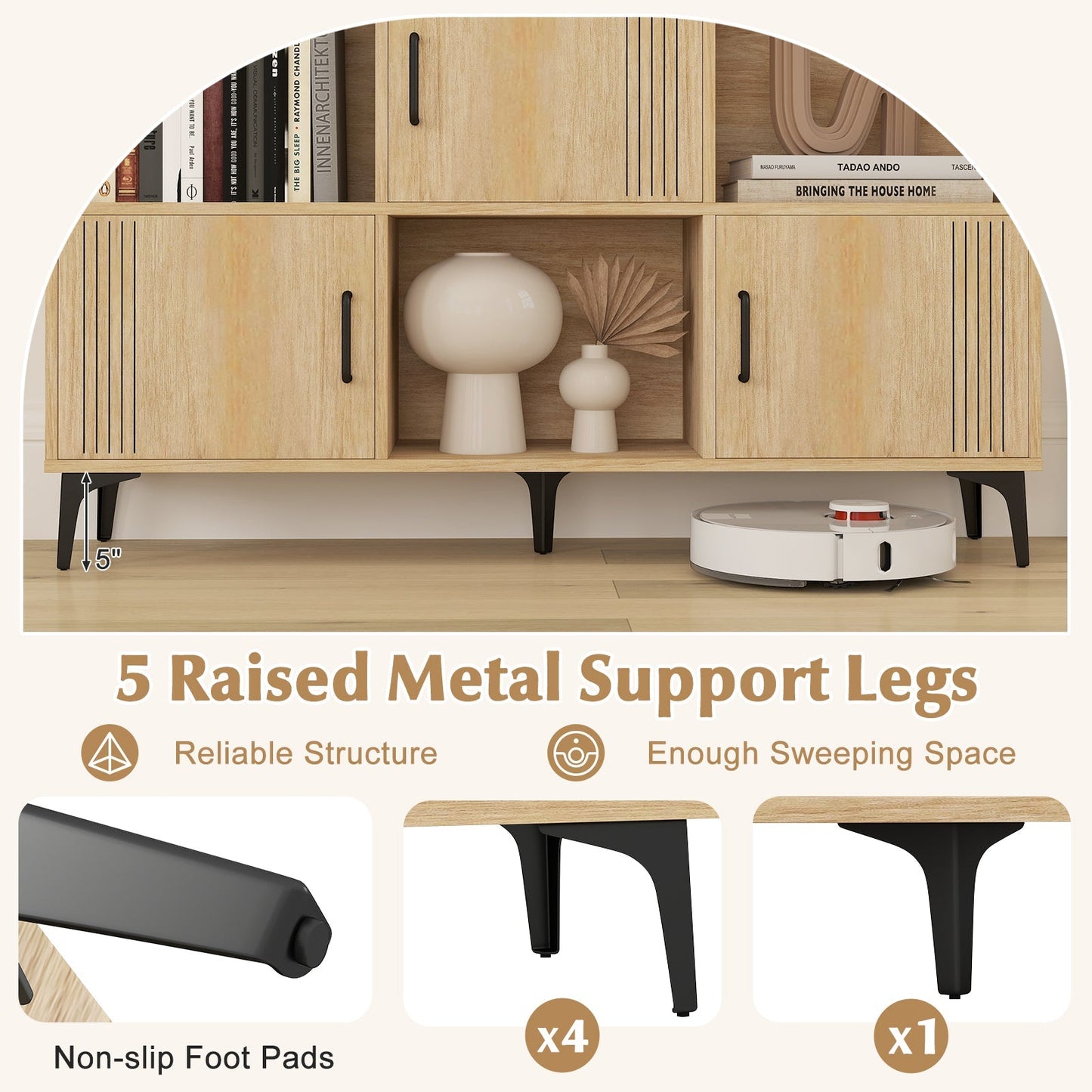 Sideboard Storage Cabinet Bookcase with 3 Doors and Open Compartments-Oak