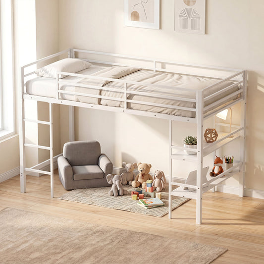 Single Metal Loft Bed with Storage Shelves and Guardrails and Ladder-White
