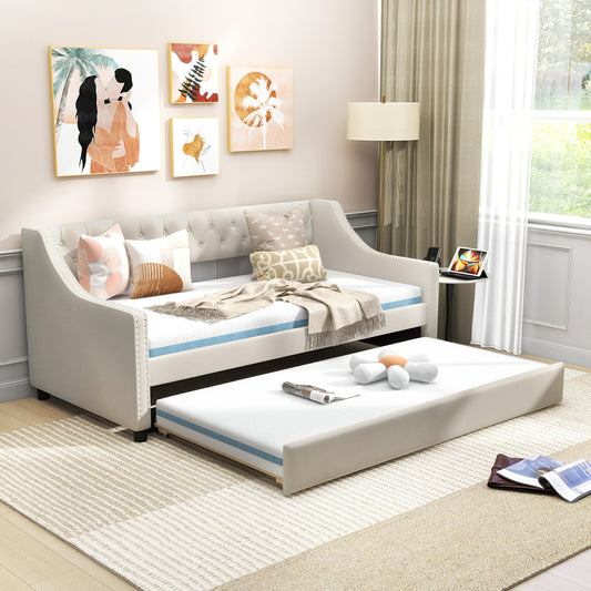 Single Size Trundle Bed Linen Upholstered Daybed with Backrest-Beige