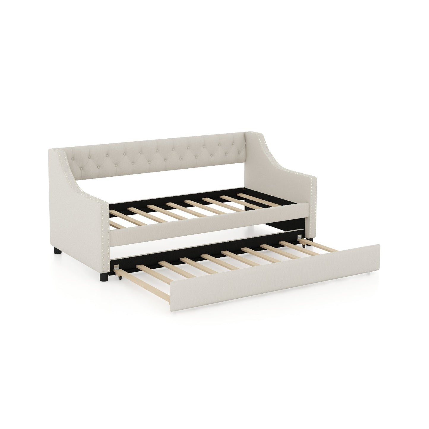 Single Size Trundle Bed Linen Upholstered Daybed with Backrest-Beige