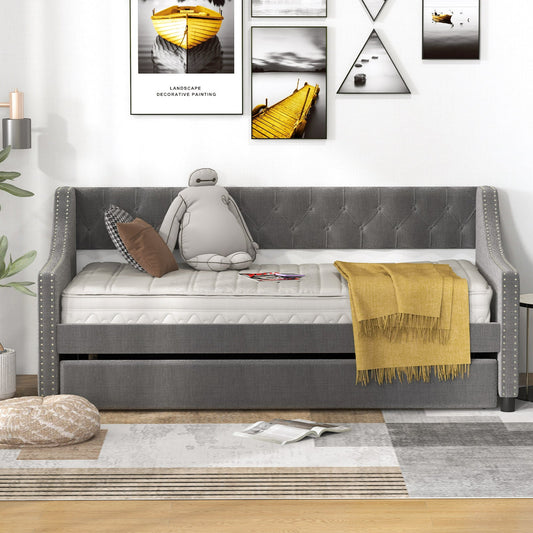 Single Size Trundle Bed Linen Upholstered Daybed with Backrest-Grey