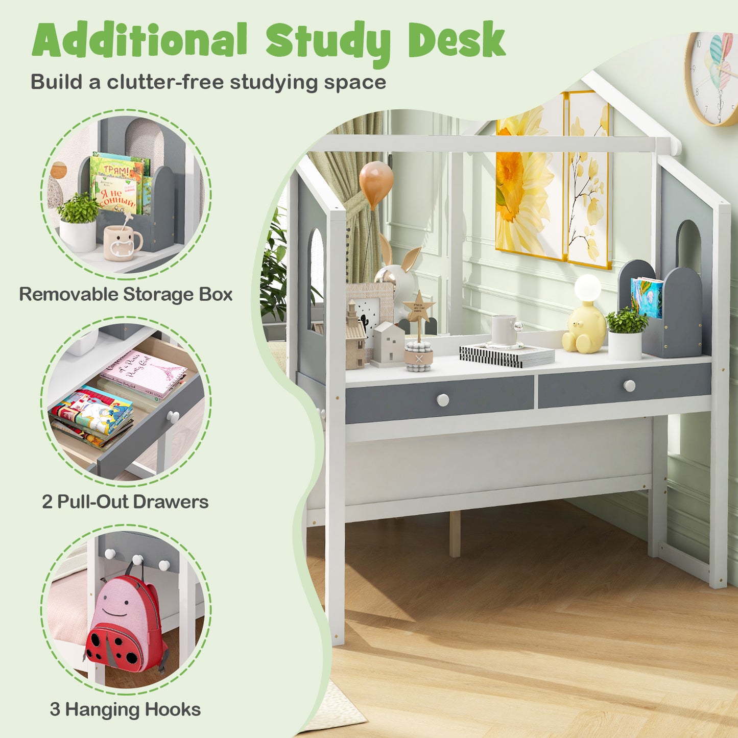 Single/Double House Bed Wood Montessori Bed Frame with Desk-Single Size