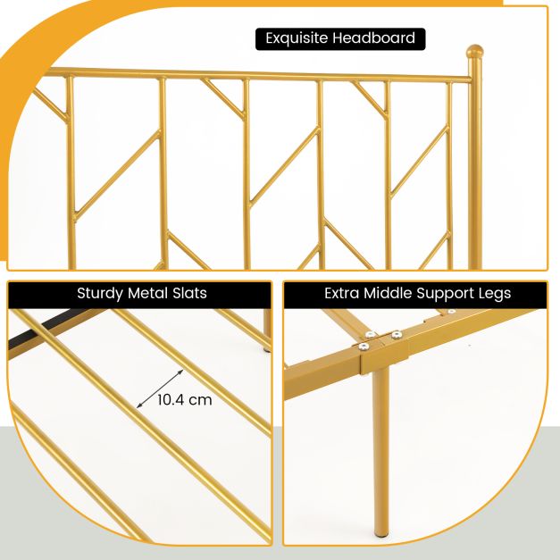 Single/Double Metal Platform Bed Frame with Headboard Black Golden-Single Size