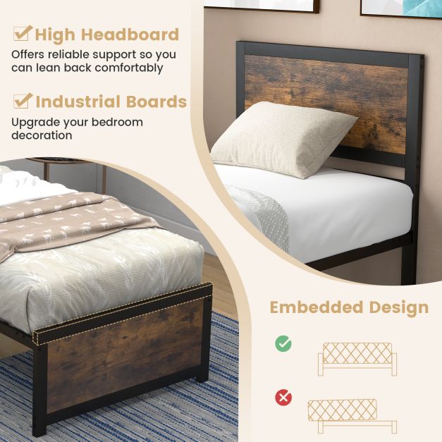 Single Size Bed Frame with High Headboard Metal Slats-S