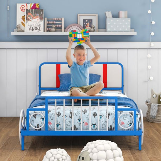 Single Size Car Shaped Kids Bed Frame with Upholstered Headboard