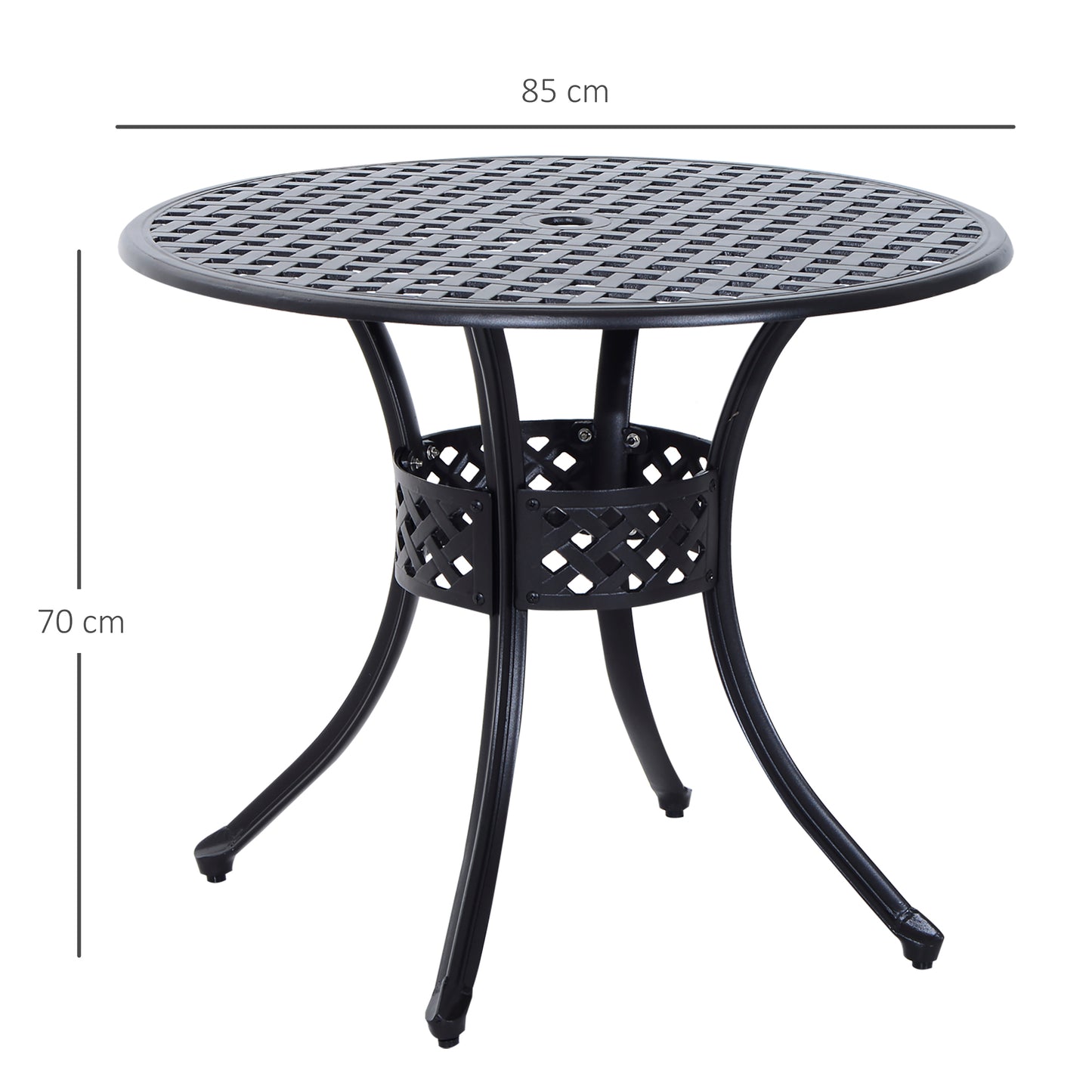 Outsunny 85cm okrągły stół ogrodowy z otworem na parasol, aluminiowy motyw kratki, stół jadalny na zewnątrz do ogrodu na patio, czarny