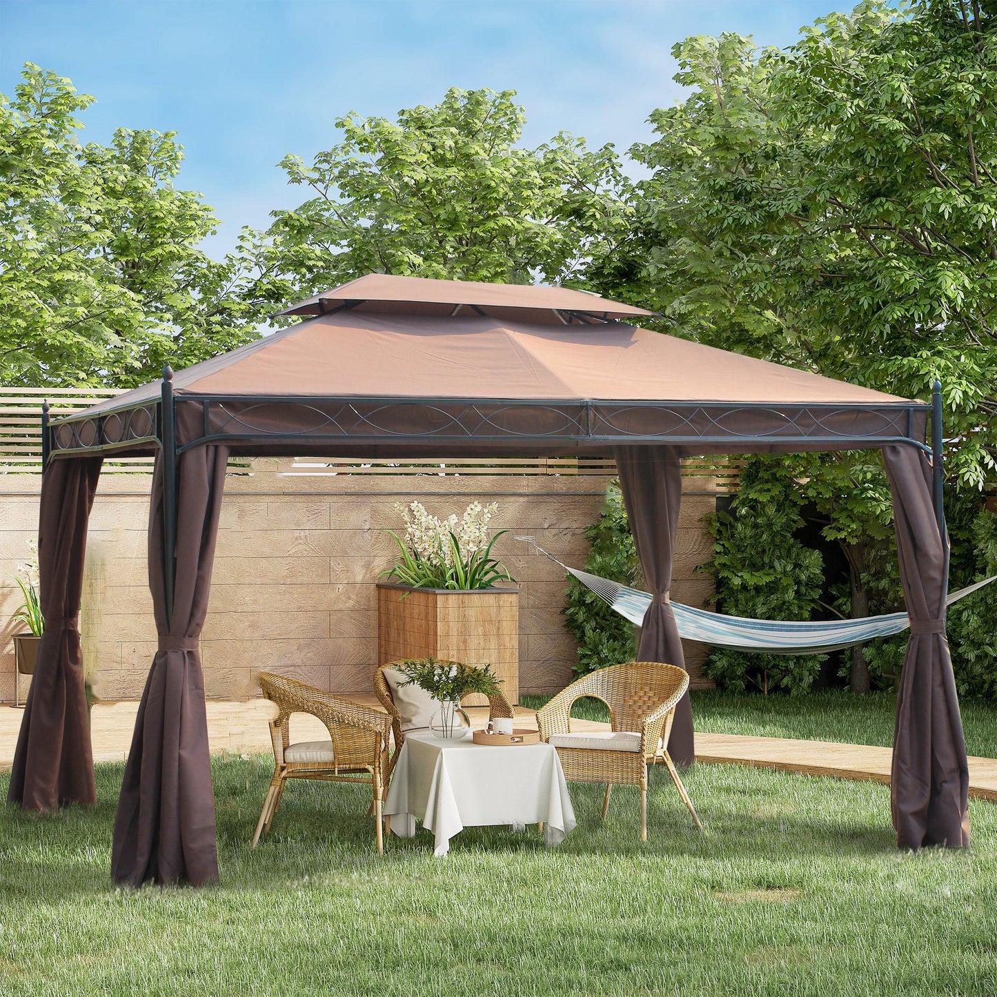 Outsunny 3 x 4m Garden Gazebo, Double Roof Marquee Canopy Shelter with Sidewalls, Solid Steel Frame for Garden, Lawn, Backyard and Deck
