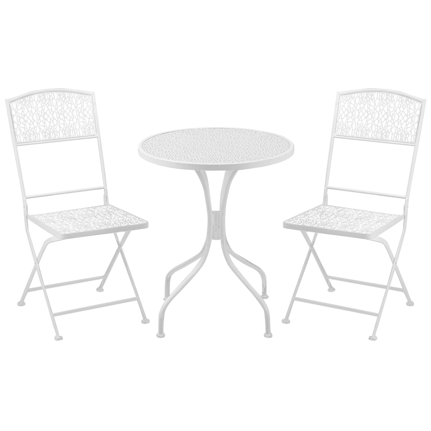 Zestaw Outsunny Garden Bistro dla 2 osób ze składanymi krzesłami i okrągłym stołem, metalowy mebel balkonowy do użytku na zewnątrz i wewnątrz, biały