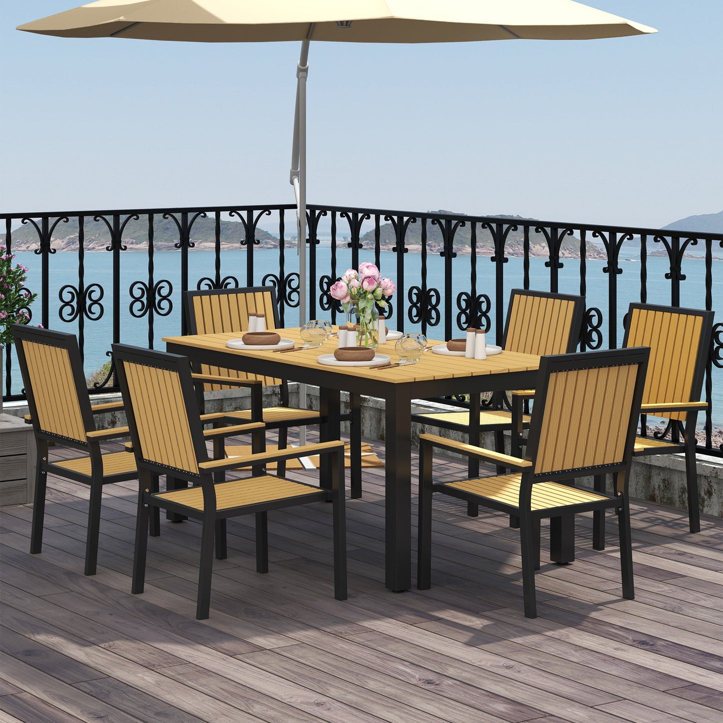 Zestaw mebli ogrodowych Outsunny 6 Seater Garden Dining Set z krzesłami składanymi, aluminiowa rama, prostokątny plastikowy blat, zestaw mebli ogrodowych, stół jadalny i krzesła na patio, balkon, przy basenie, drewno naturalne
