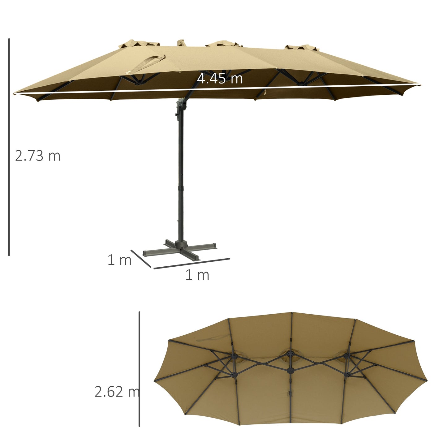 Outsunny 4.5Â m Patio Parasol, Large Double-Sided Rectangular Garden Umbrella with Crank Handle, 360 Cross Base for Bench, Outdoor, Khaki