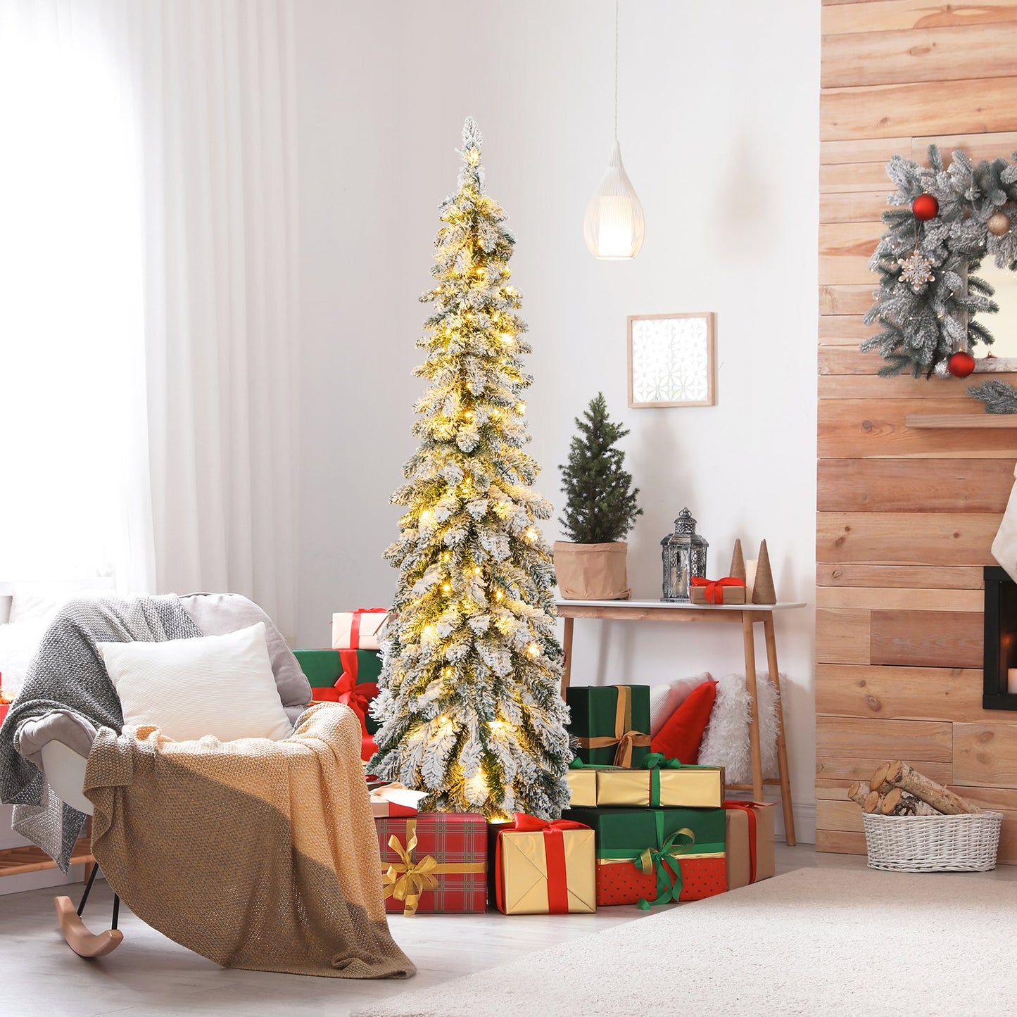 Snow-Flocked Slim Pencil Christmas Tree with 11 Lighting Modes-5FT