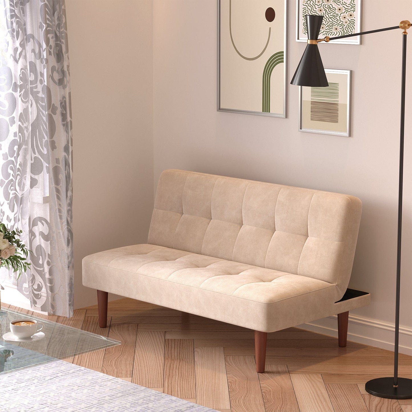 4ft Wide Modern 2 Seater Padded Convertible Sofa Bed with Wooden Legs