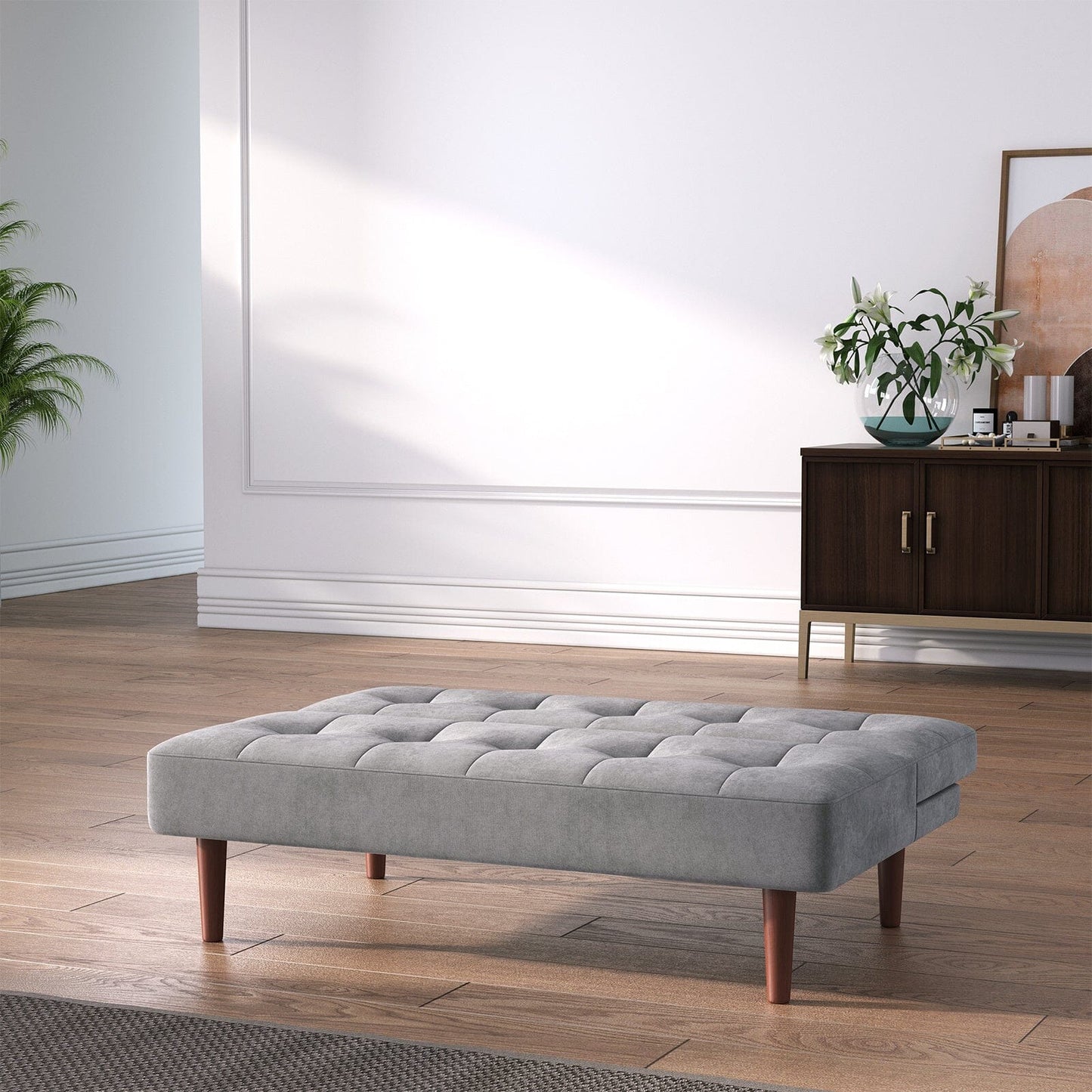 4ft Wide Modern 2 Seater Padded Convertible Sofa Bed with Wooden Legs
