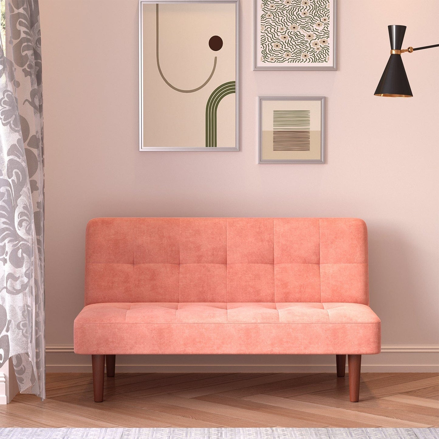 4ft Wide Modern 2 Seater Padded Convertible Sofa Bed with Wooden Legs