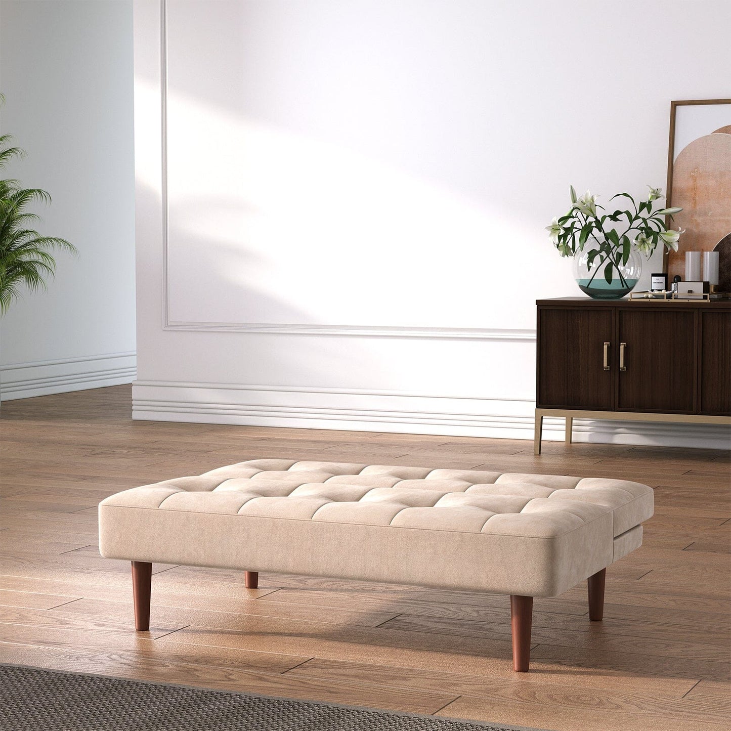 4ft Wide Modern 2 Seater Padded Convertible Sofa Bed with Wooden Legs