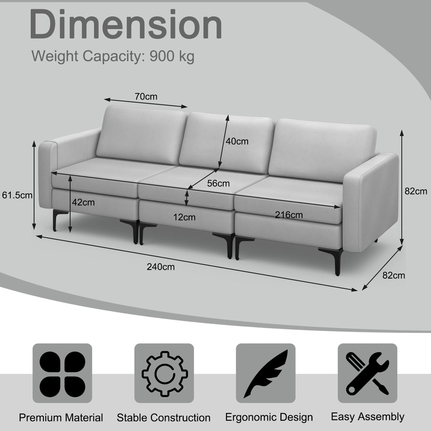 3-Seat Sofa with Magazine Caddy Holder, Socket and USB Charging Ports-Light Grey