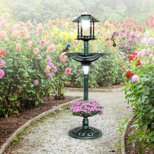 Antique Lighted Birdbath and Feeder Combo with 2 Solar-powered Lamps-Green