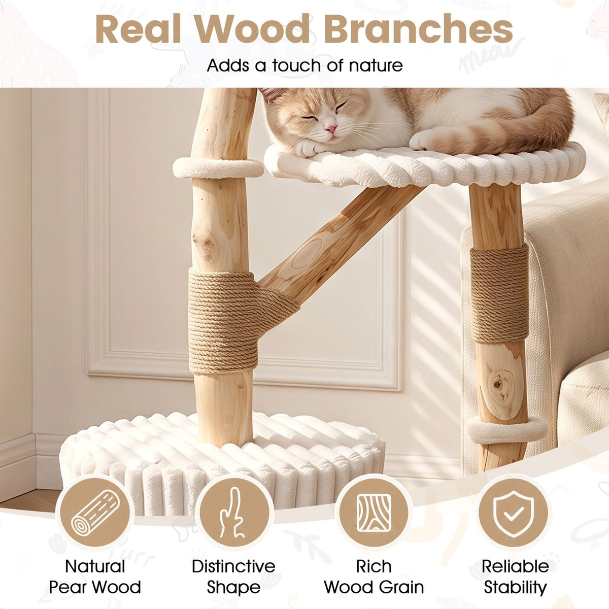 Solid Wood Cat Tree with Real Wood Branches and Scratching Posts for Indoor-Beige