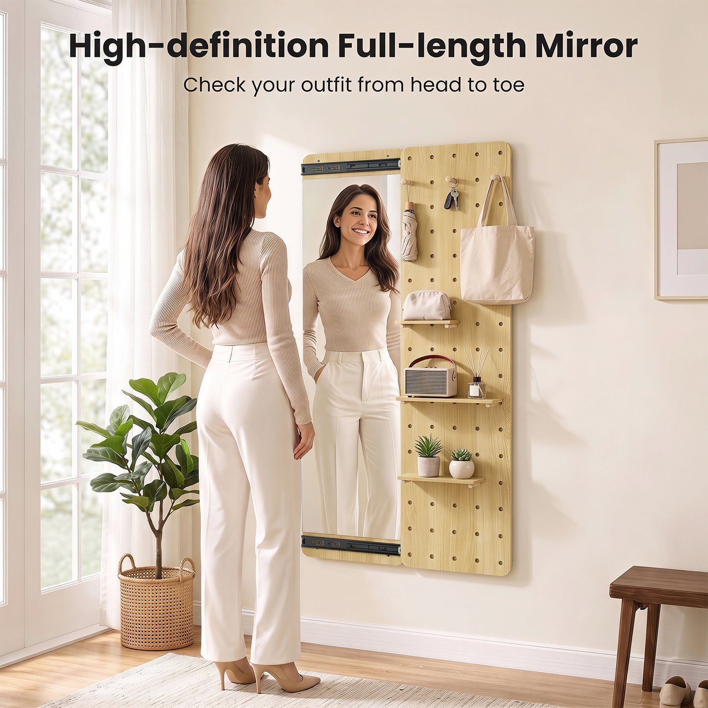 Solid Wood Wall Mounted Mirror and Pegboard Storage Organizer-Natural
