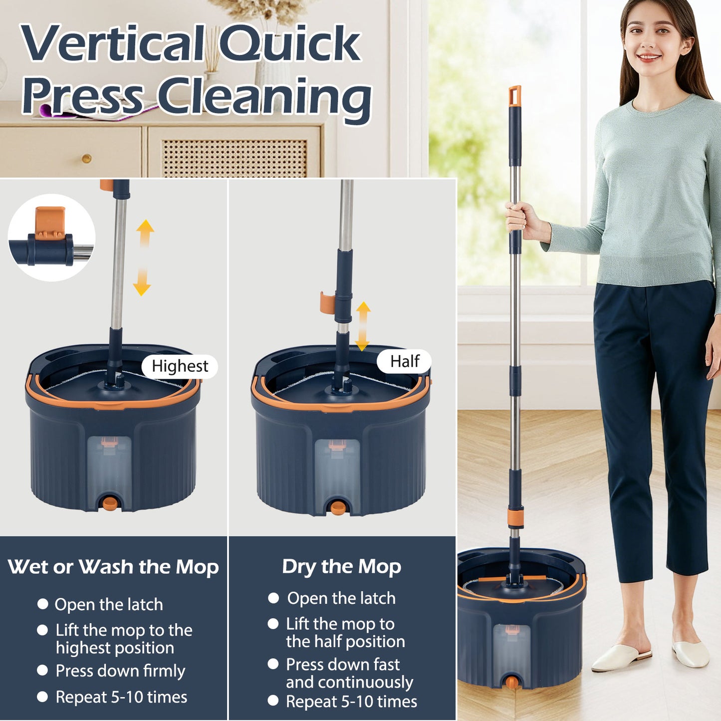 Spin Mop and Bucket Set Square with 8 Microfiber Mop Pads-Navy