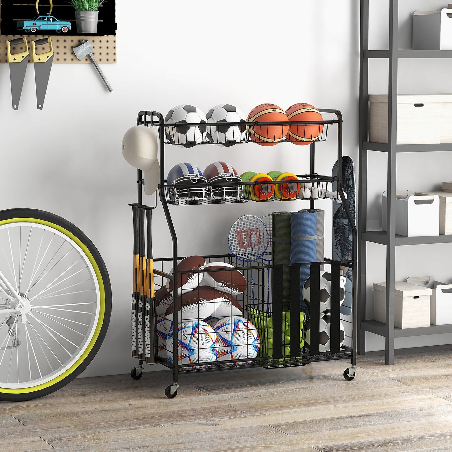 Sports Equipment Storage Rack Rolling Sports Ball Storage Cart-Black
