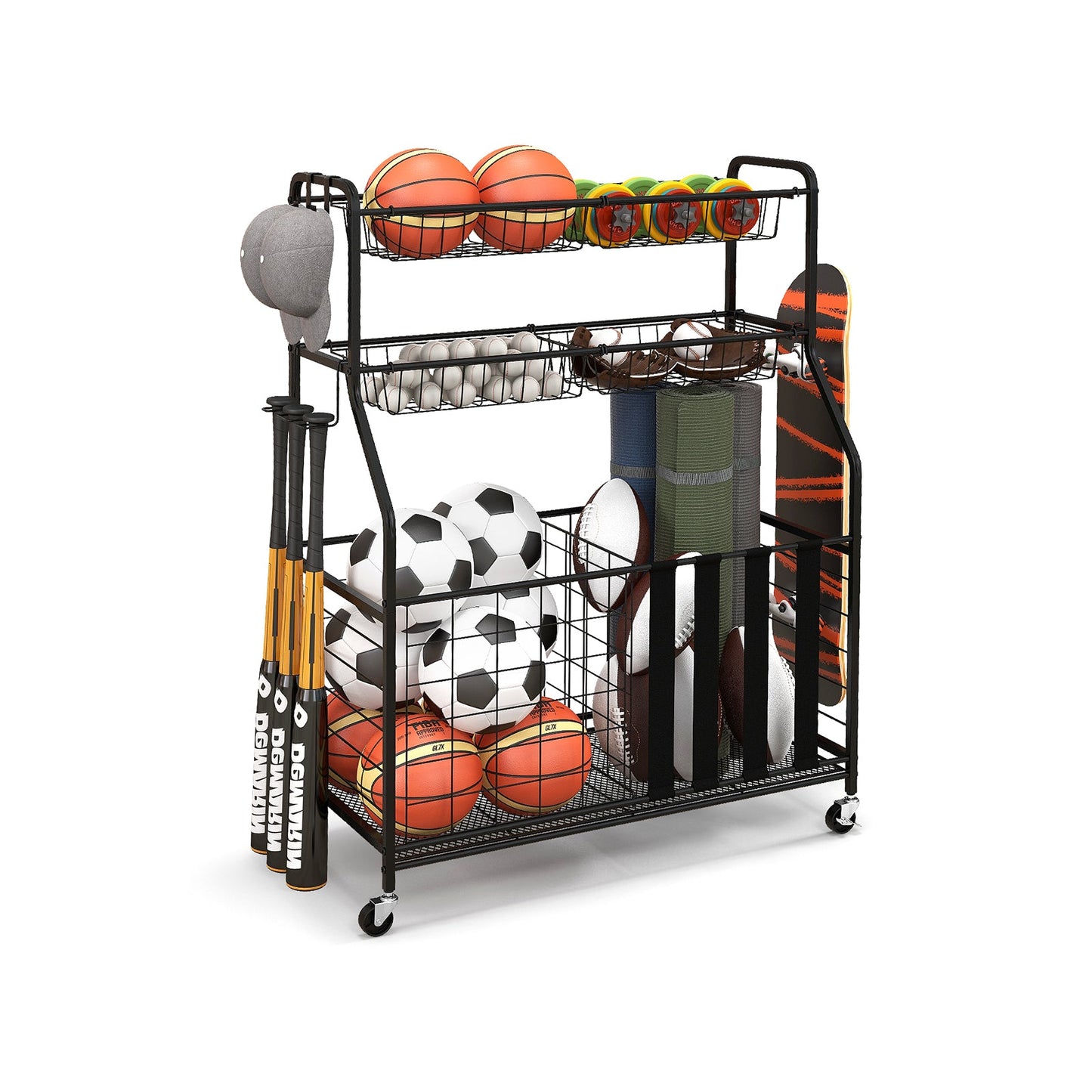 Sports Equipment Storage Rack Rolling Sports Ball Storage Cart-Black