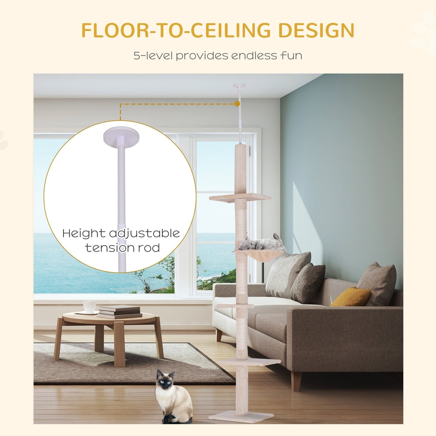 PawHut Floor to Ceiling Cat Tree Height Adjustable 230-260cm, 5-Tier Cat Tower with Scratching Post, Hammock, Perches, Climbing Activity Centre for Indoor Kittens, Beige