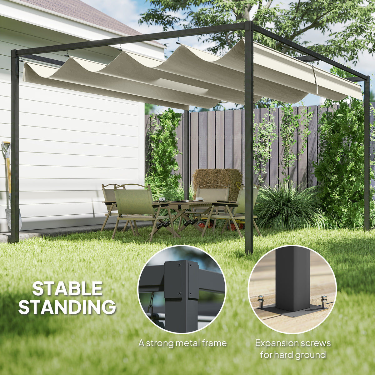 Outsunny 4 x 3(m) Metal Pergola with Retractable Roof, Garden Gazebo Canopy Shelter for Outdoor, Patio, Cream White