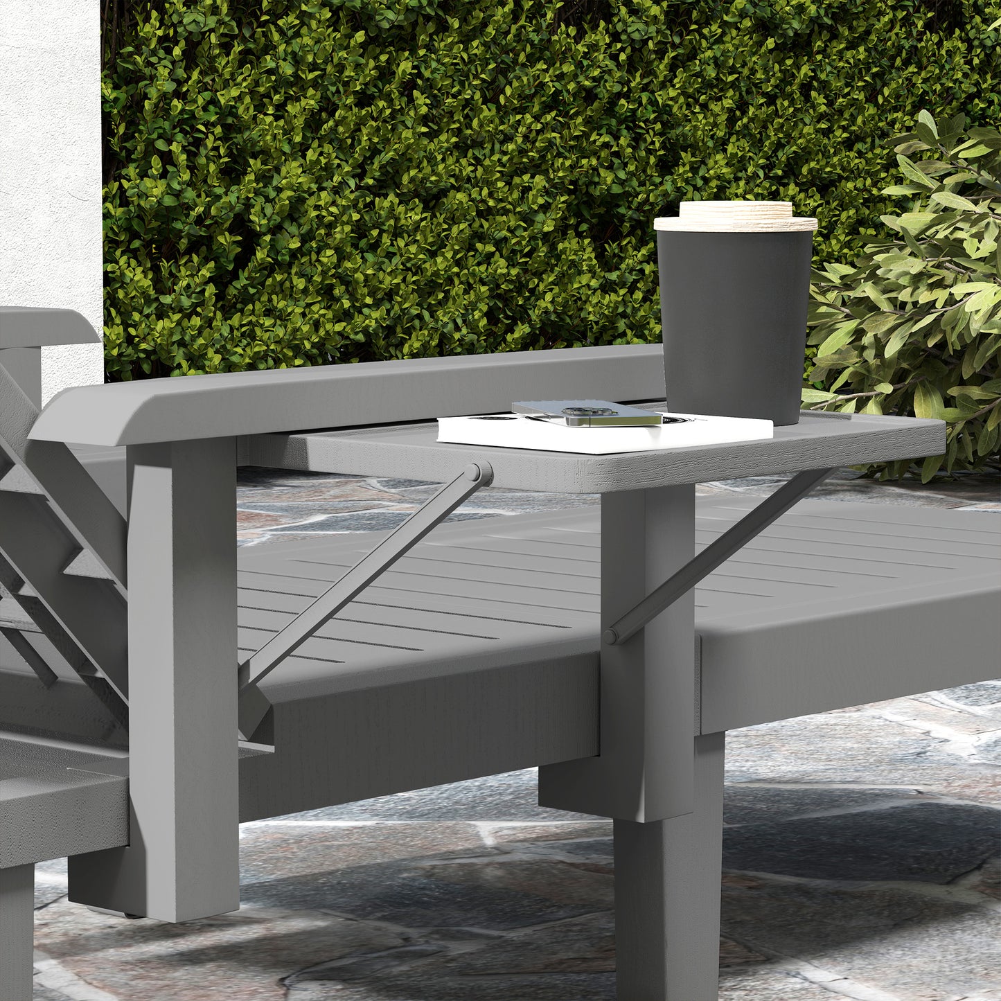 Outsunny Set of 2 Resin Reclining Sun Loungers for Garden, 5 Positions Adjustable Outdoor Chaise Lounge Chairs with Wood Texture Surface, Armrests, Foldable Side Table for Garden, Beach, Dark Grey
