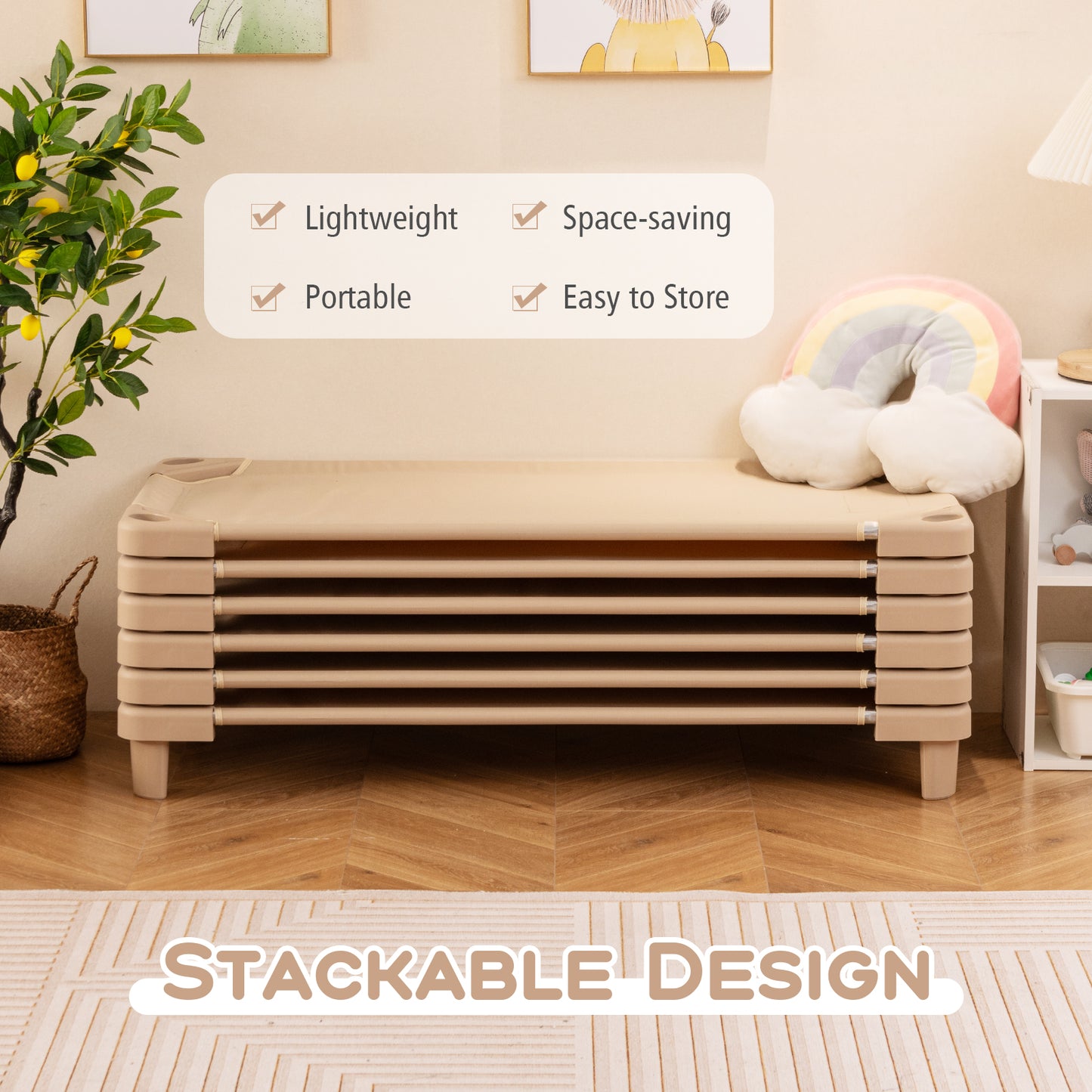 Stackable Kids Nap Cot with Easy Lift Corner for Preschool Boys Girls-Beige