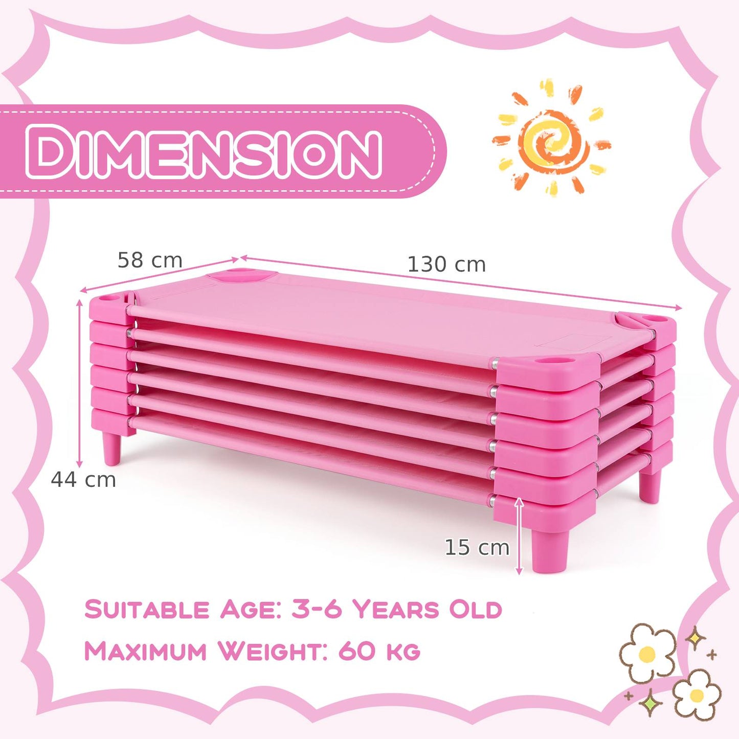 Stackable Kids Nap Cot with Easy Lift Corner for Preschool Boys Girls-Pink