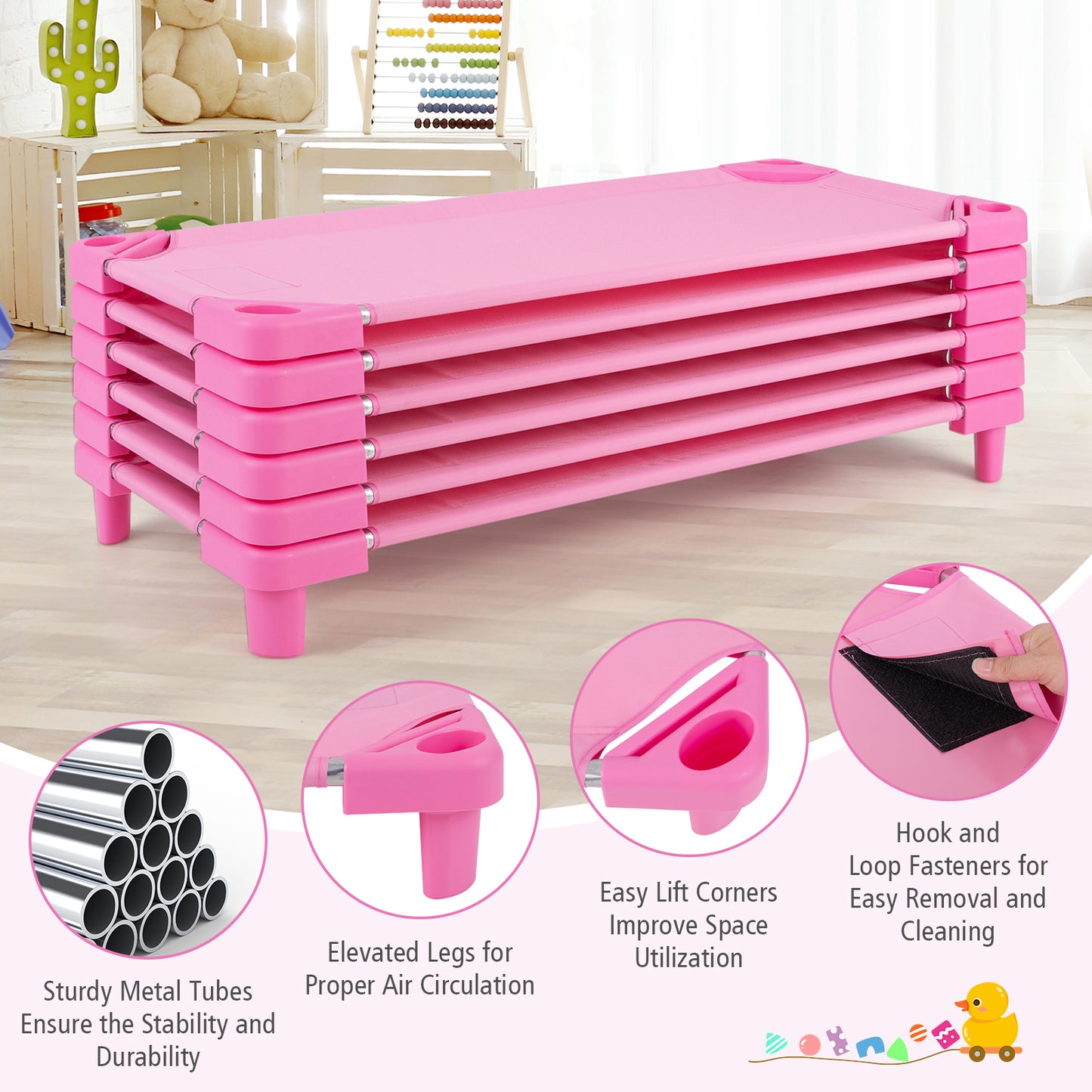 Stackable Kids Nap Cot with Easy Lift Corner for Preschool Boys Girls-Pink